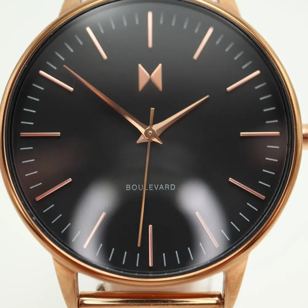 MVMT Magnolia Boulevard Rose Gold Tone Black 38mm Watch Mesh Steel w New Battery